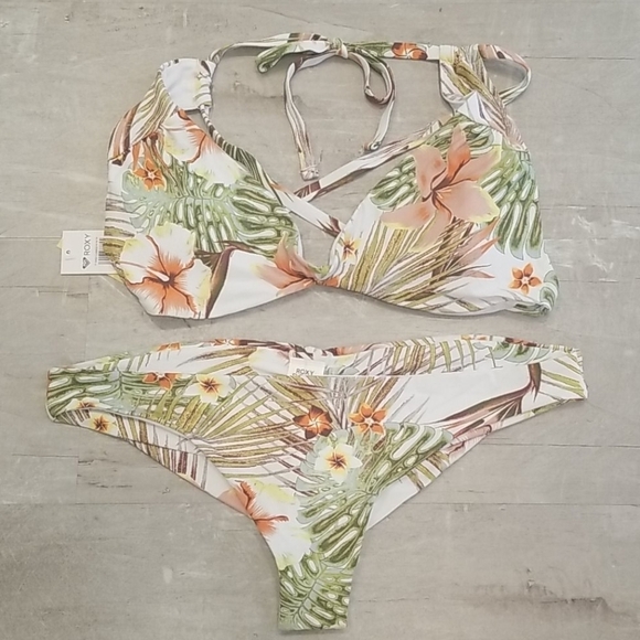 💕ROXY💕 Beach Classics Bikini Set ~ Tropical Floral Bright White Herbier XL NWT - Picture 12 of 14